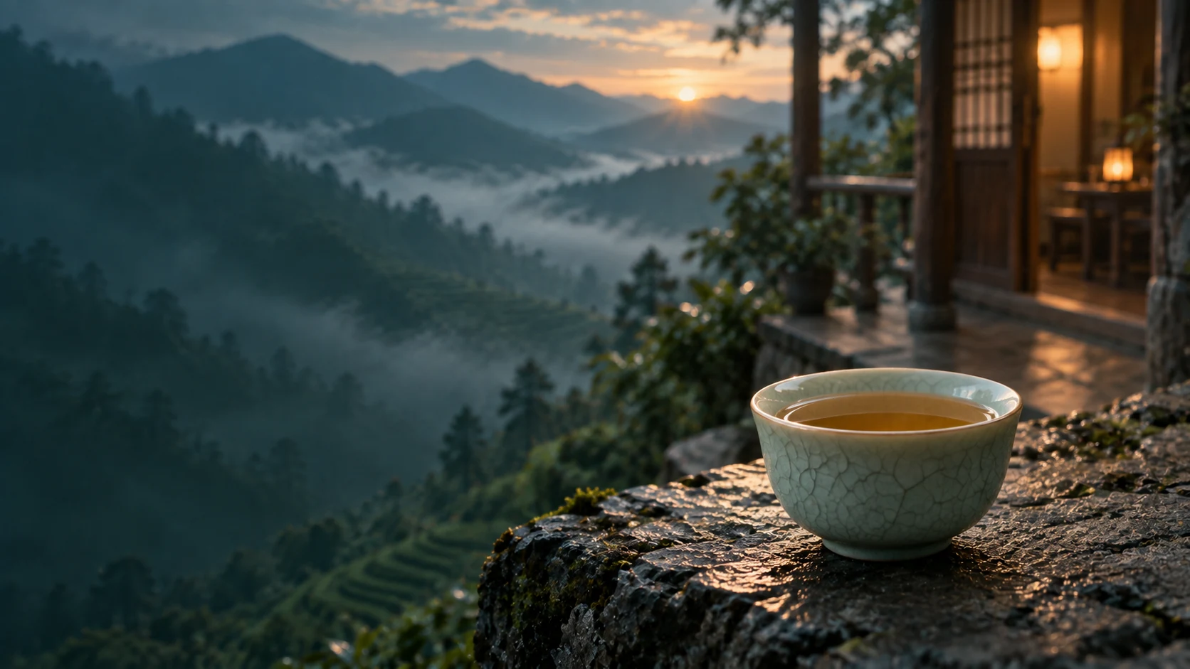 青瓷茶杯放在茶屋門前的石台上，等待茶葉落入。 GPT 生成示意。